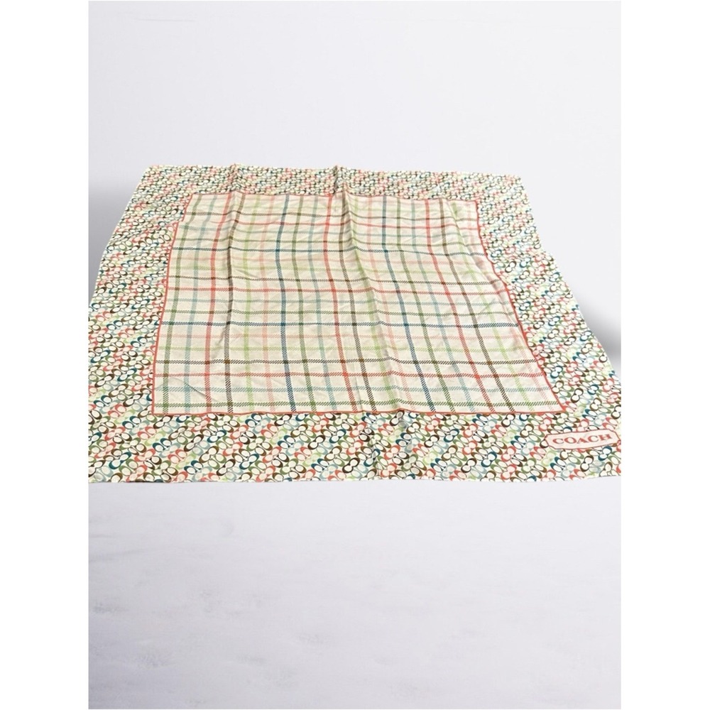 Coach Silk Square Scarf Multi Color Signature C Monogram Plaid Print 12x12 - Picture 3 of 3